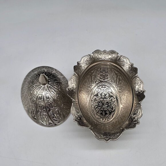 Turkish Silver Plated Decorative Dish With Lid Ruffled Rim Sena - Picture 7 of 10